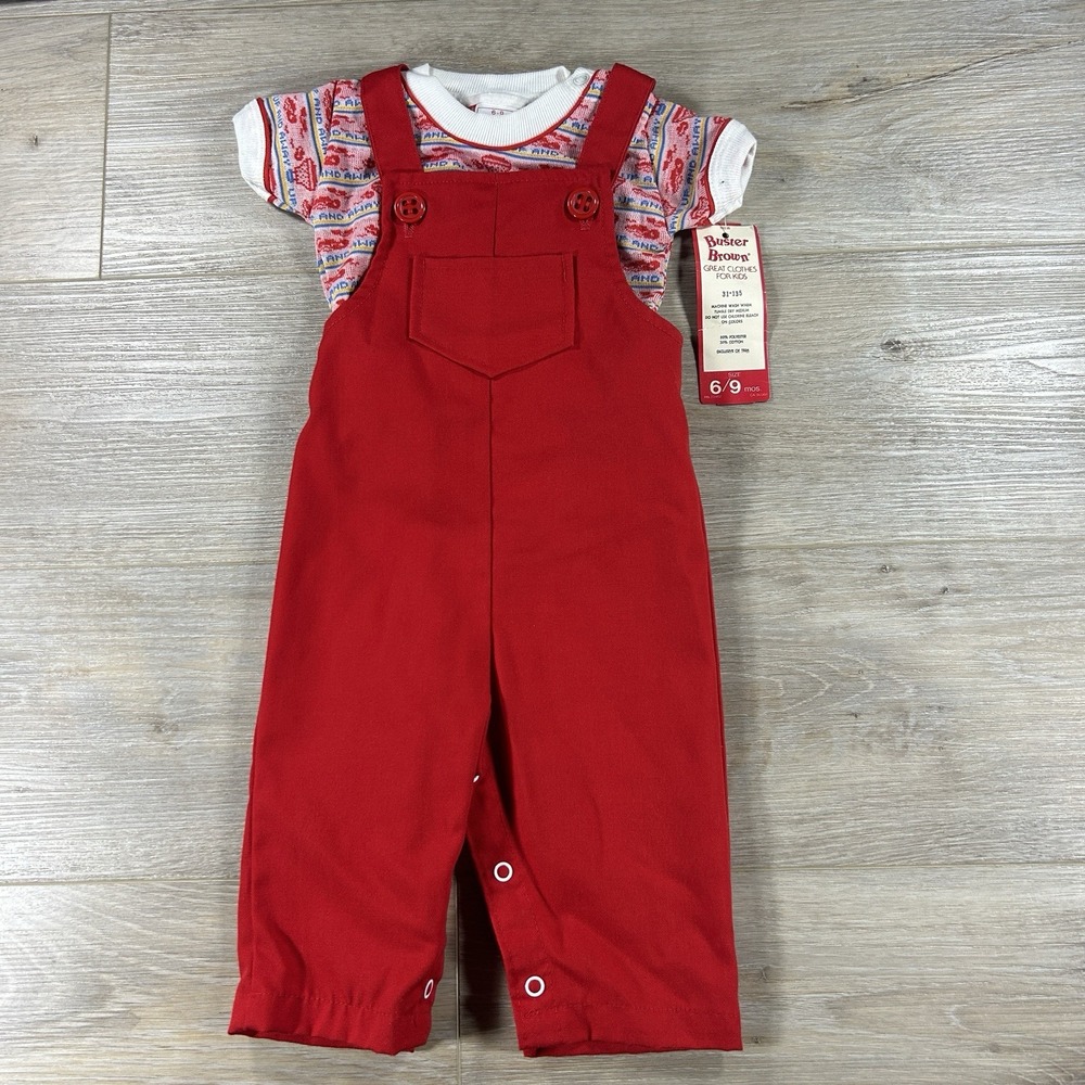 VTG Buster Brown Baby‎ 6-9 Month Red Overalls And Shirt 90s Up Up & Away